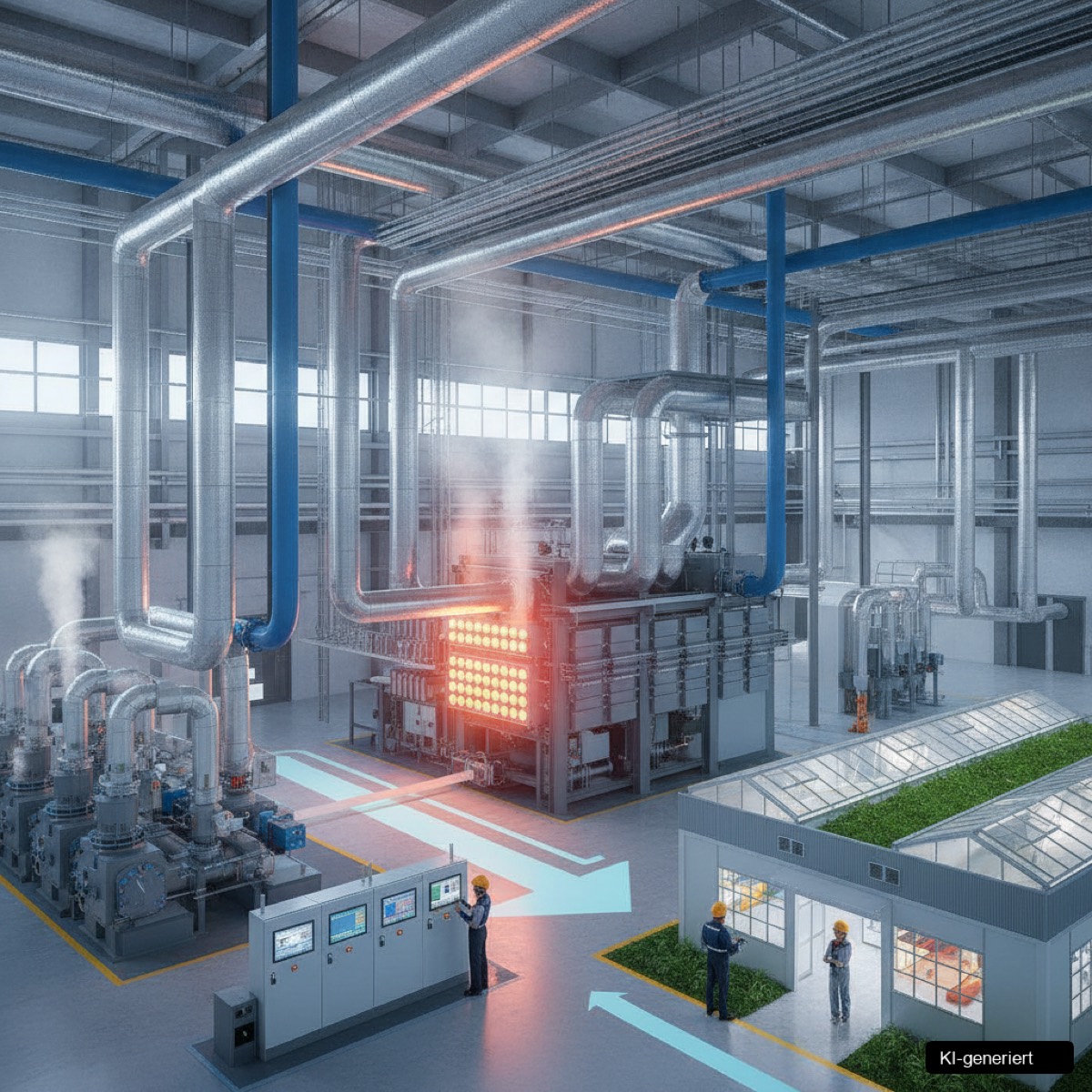 Illustration einer Fabrikhalle mit Rohren, die Abwärme zur Energieeffizienz im Betrieb zurückgewinnen