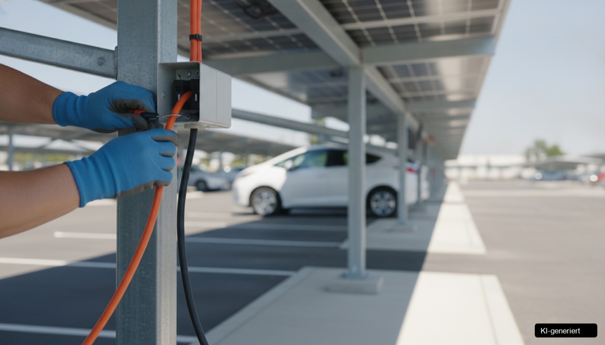 Moderne Solar-Carports auf einem Firmenparkplatz in Österreich, die sauberen Solarstrom erzeugen und Fahrzeuge schützen